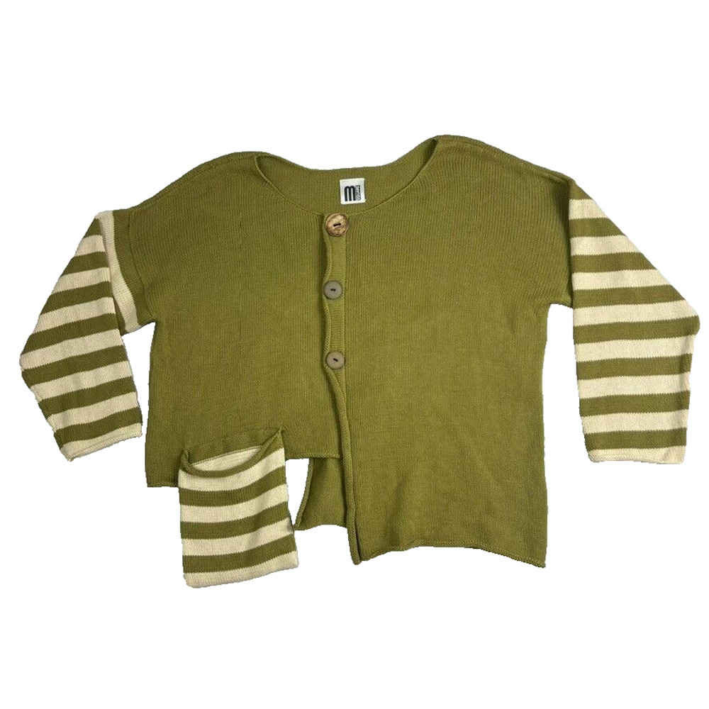 M Square Sweater Knit Women OS Green Asymmetrical Pullover Striped Sleeve Pocket